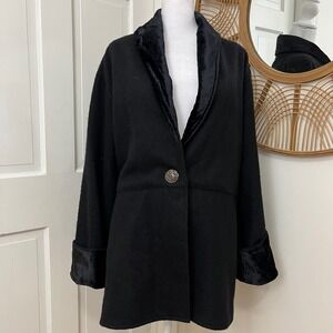 April Cornell Cornell Trading L Black Boiled Wool Velvet‎ Trim Shawl Collar Coat